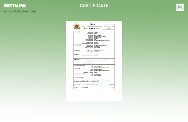 Модерен стил Иран шаблон за уверение за смрт Word и PDF шаблон